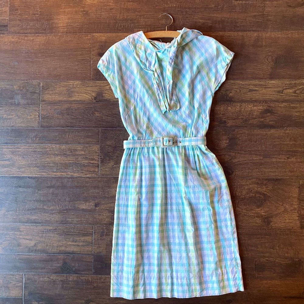 Vintage 1950s Pastel Blue & Green Gingham Plaid Style Short Sleeve Midi Dress